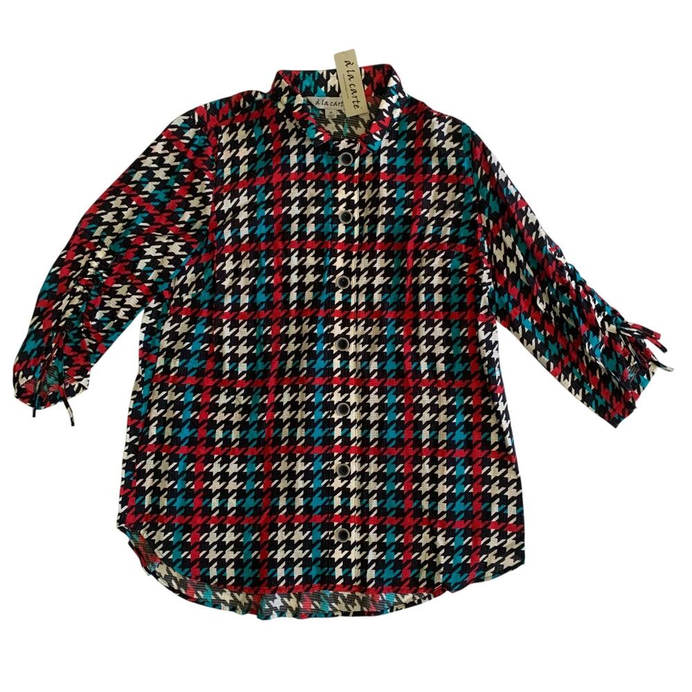 A' La Carte Women's Size M 3/4 Sleeve Button Front Wire Collar Tunic Blouse Top